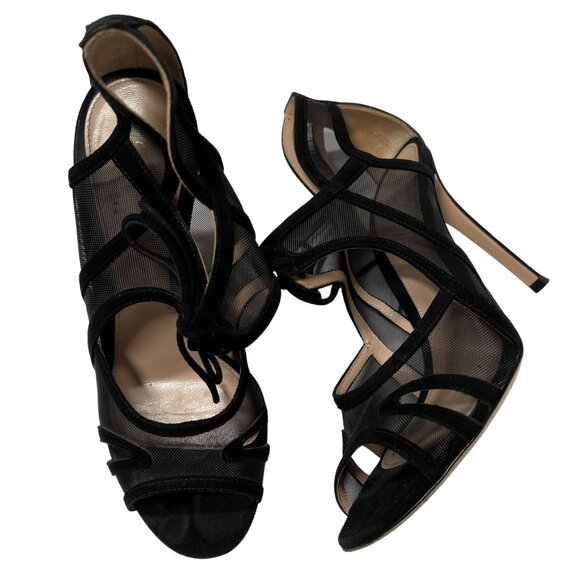 Gianvito Rossi Caged Mesh & Suede Open Toe Pump Heels in Black